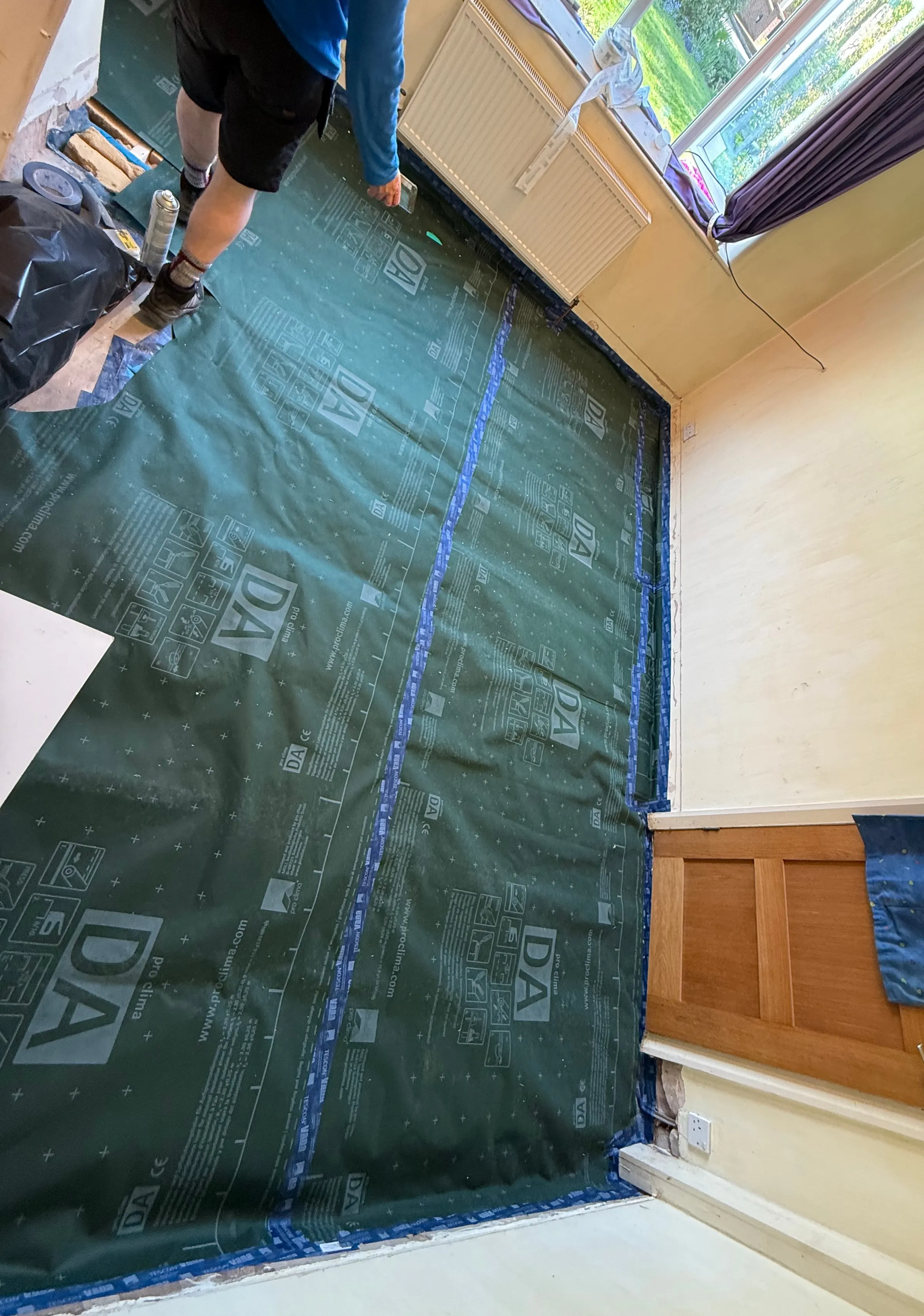 A whole wall sealed in membrane and taped at every seam
